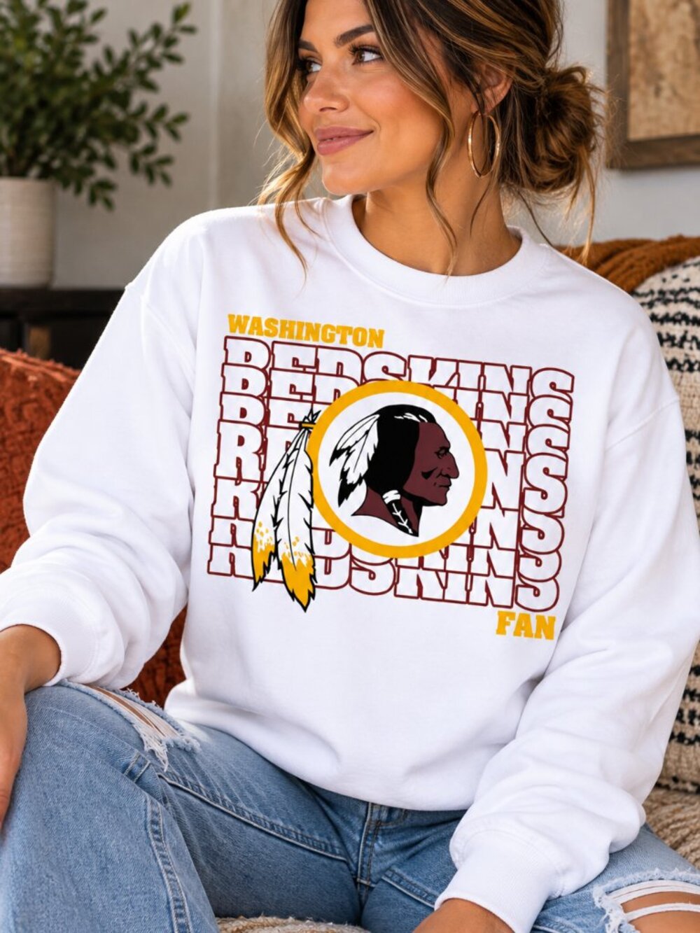 Redskins Football Women’s Custom White Crewneck Sweatshirt Trendy